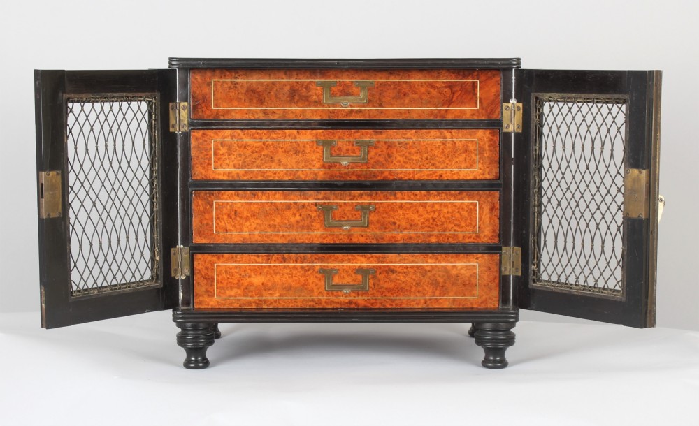 Rare early 19th century Chinese Export amboyna and ebony table cabinet View II