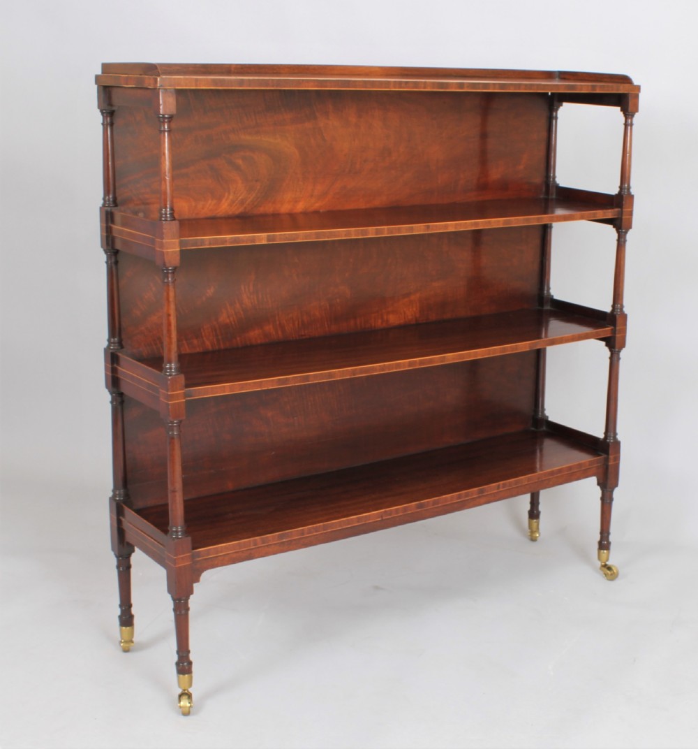 Fine George III mahogany and boxwood strung four tier open shelves View II