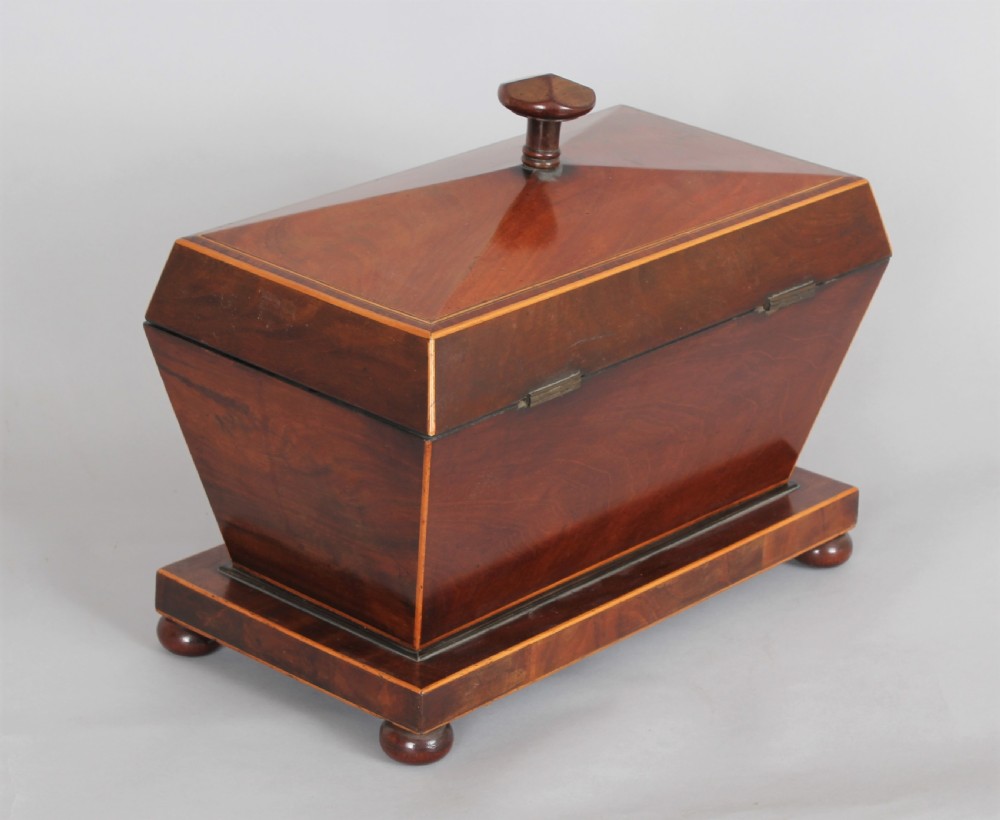 Bold mahogany sarcophagus shaped tea caddy View II