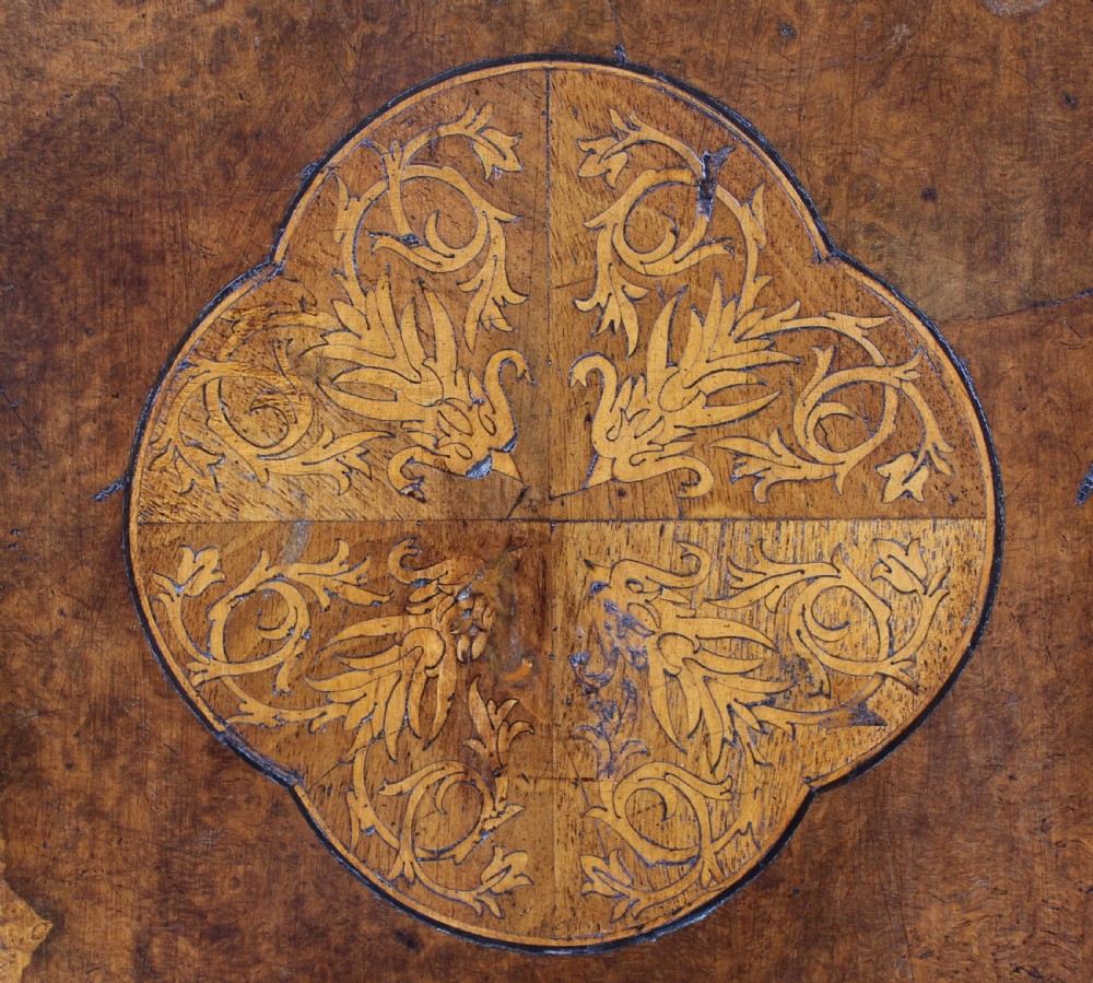 Edwardian burr walnut and parquetry Sutherland table of rare form View V