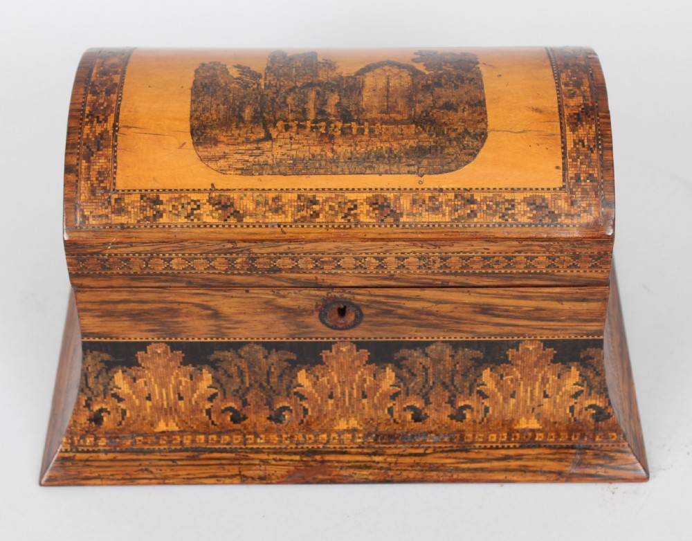 A nineteenth-century domed rosewood tea caddy with elaborate geometric inlaid borders and a central landscape transfer image on the lid.