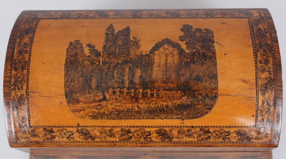 A nineteenth-century domed rosewood tea caddy with elaborate geometric inlaid borders and a central landscape transfer image on the lid. View III