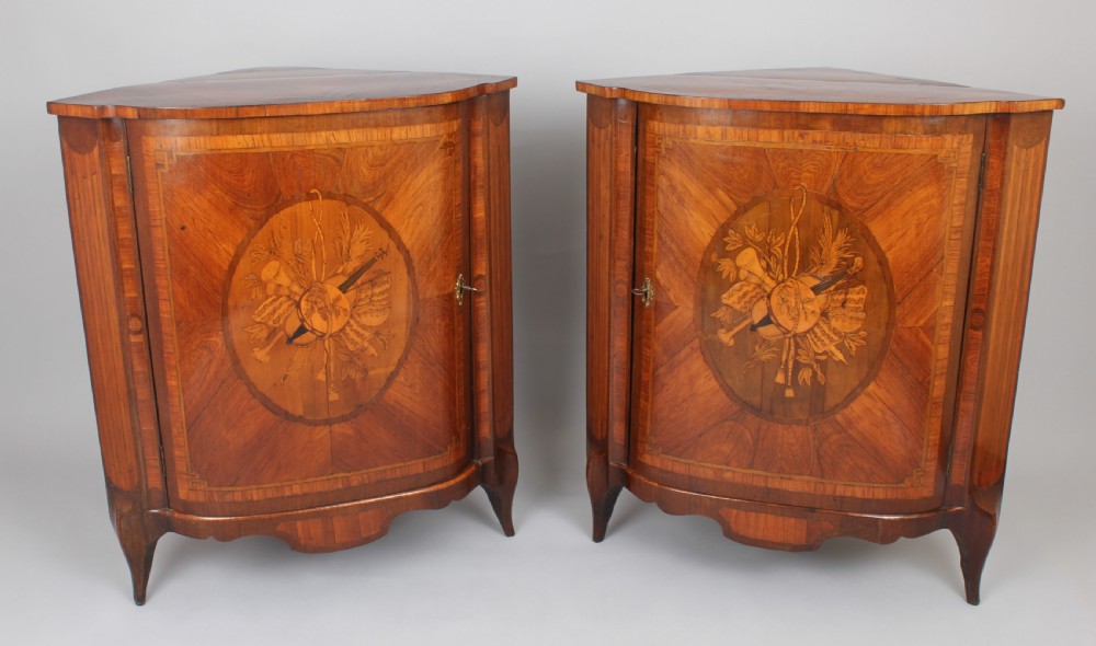 Rare pair of late eighteenth century Dutch kingwood and marquetry corner-cupboards View V