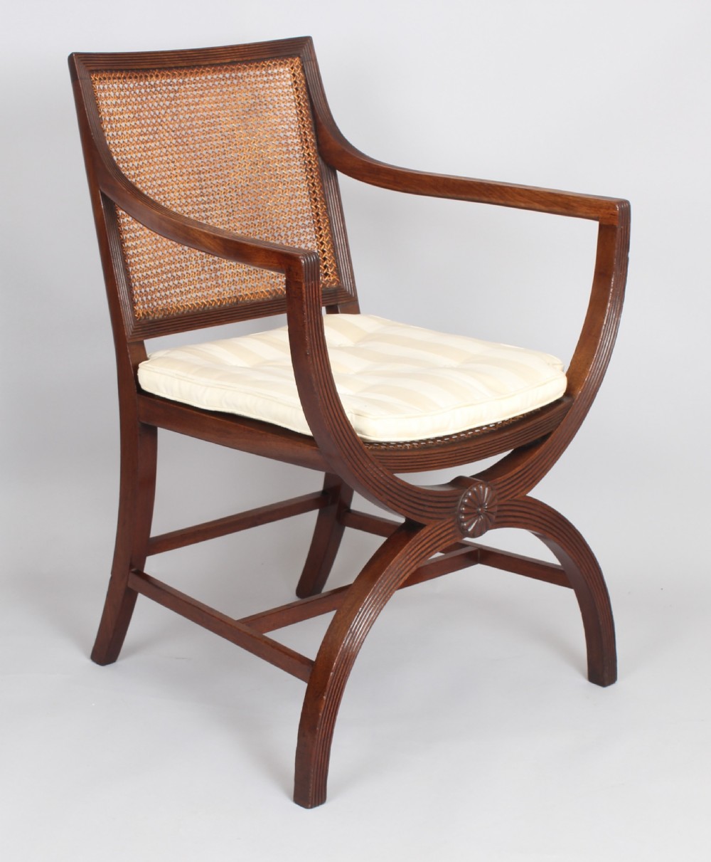 Pair of 19th century mahogany X-framed elbow-chairs of Regency character View II