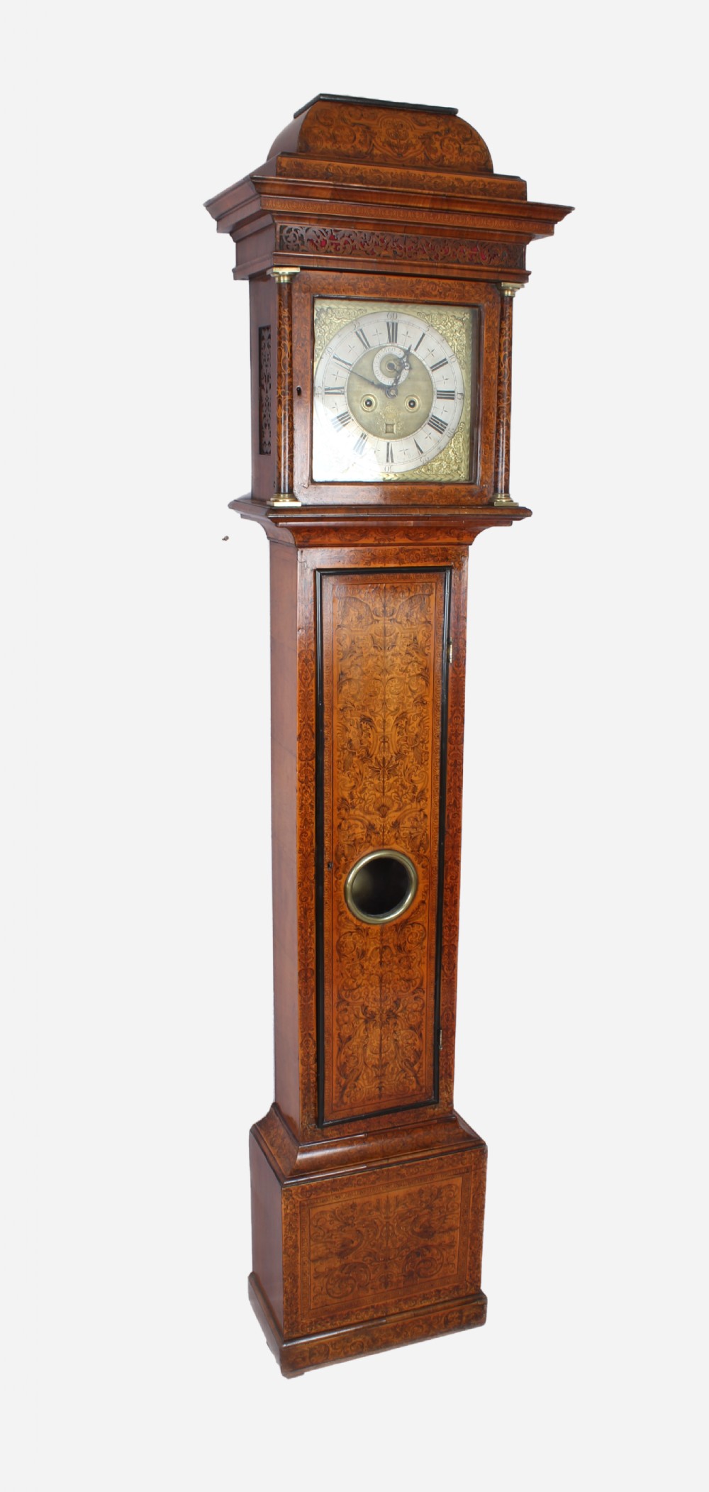 Queen Anne period walnut and seaweed marquetry long-case clock