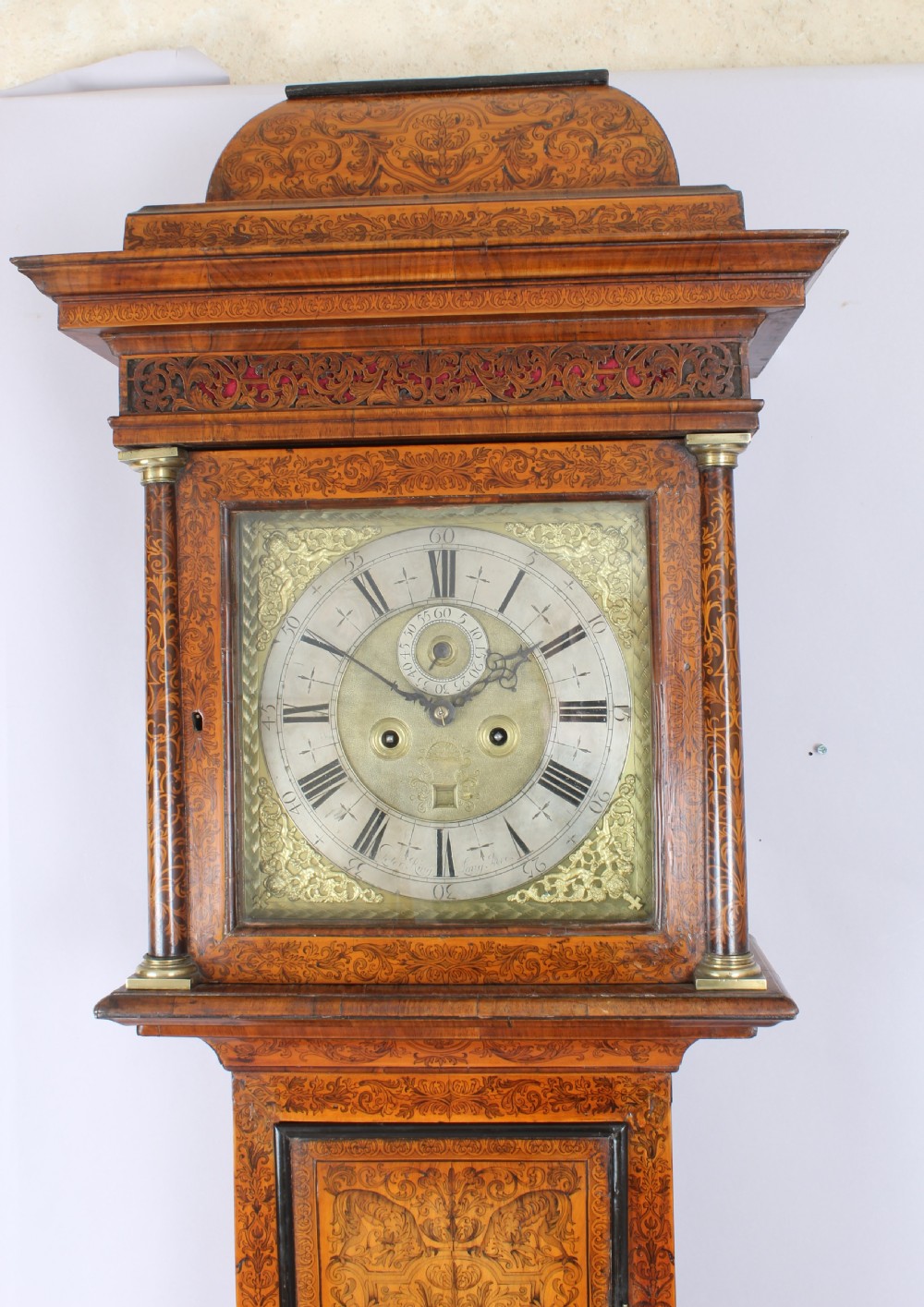 Queen Anne period walnut and seaweed marquetry long-case clock View II