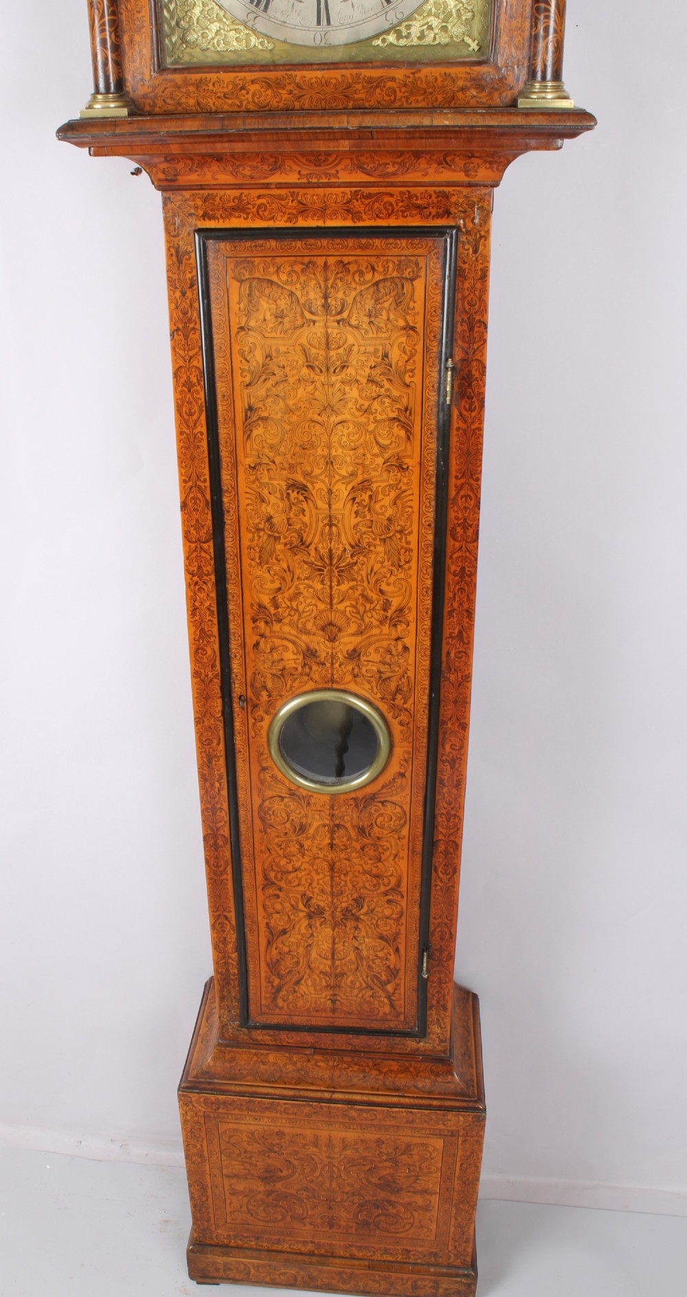 Queen Anne period walnut and seaweed marquetry long-case clock View III