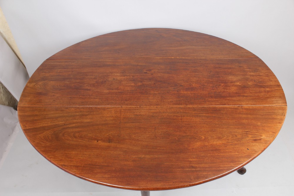 An 18th-century oval mahogany drop-leaf dining table supported by slender cabriole legs ending in pad feet. View III