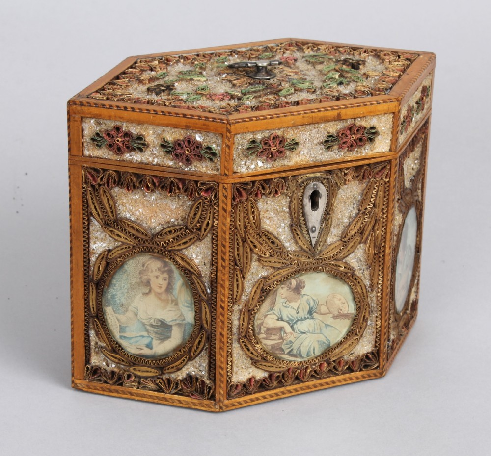 Fine George III period rolled paper tea caddy of hexagonal form