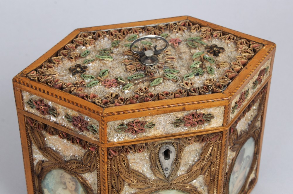 Fine George III period rolled paper tea caddy of hexagonal form View II