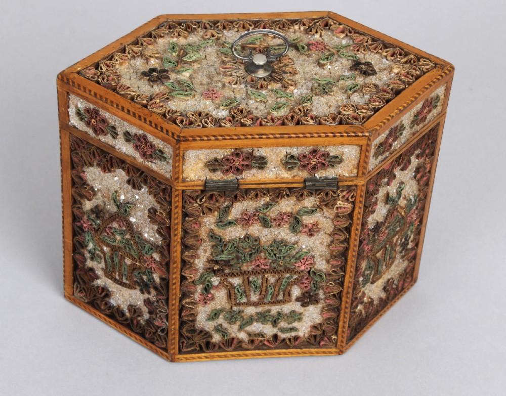 Fine George III period rolled paper tea caddy of hexagonal form View III