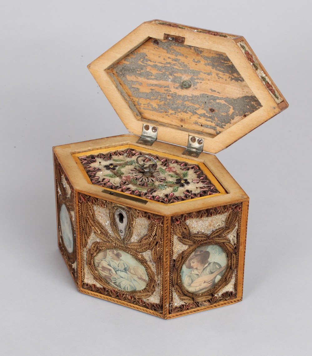 Fine George III period rolled paper tea caddy of hexagonal form View IV