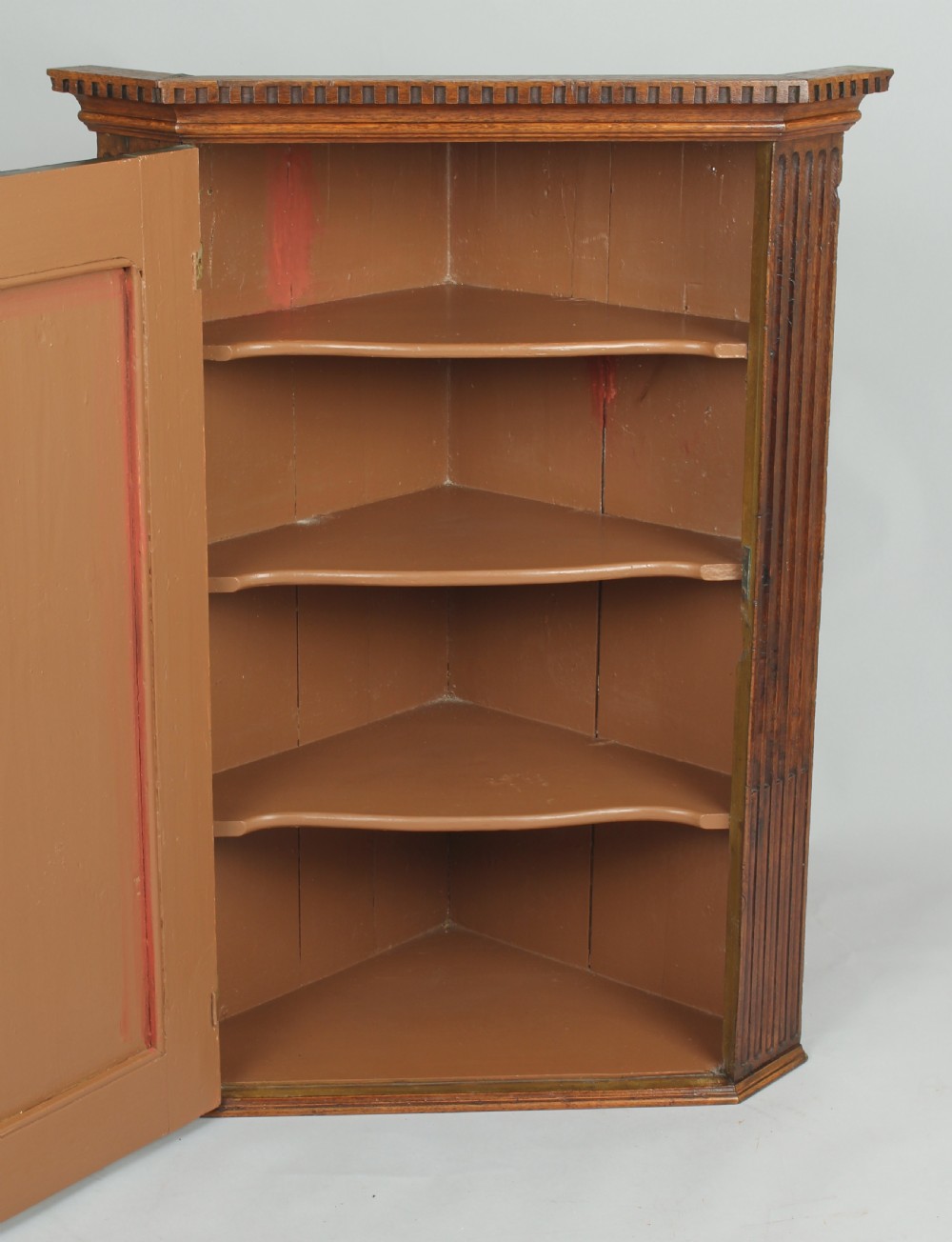 Early George III period burr oak corner cupboard View III