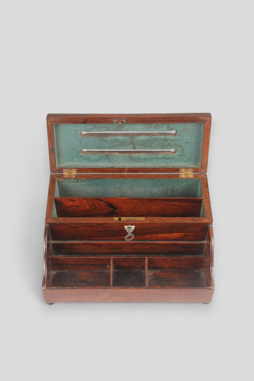 Victorian rosewood correspondence box with mother-of-pearl foliate inlay and slots labelled Answered and Unanswered above open front compartments. View III