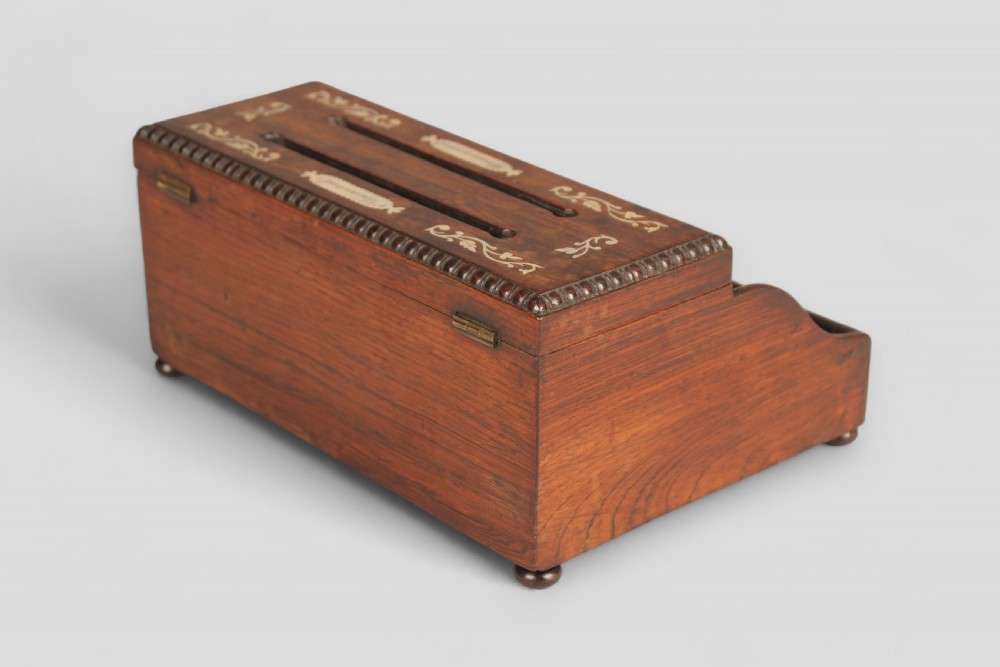 Victorian rosewood correspondence box with mother-of-pearl foliate inlay and slots labelled Answered and Unanswered above open front compartments. View IV