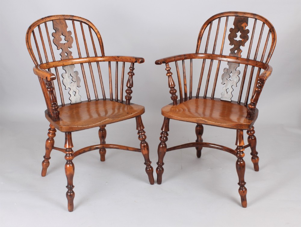 Fine pair of early 19th century yew Windsor arm chairs