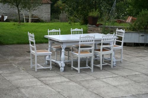 Extending French Painted Table and Caned Seat Chairs