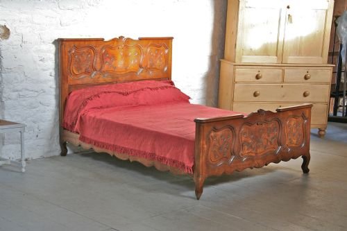 French Cherry Breton Carved Double Antique Bedstead