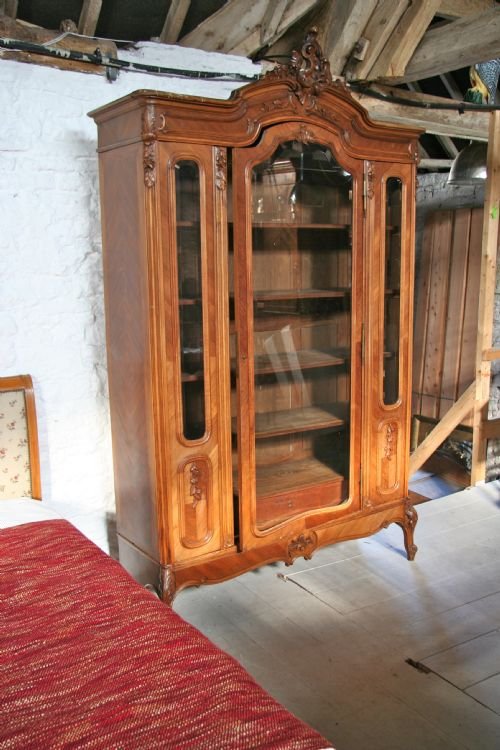 Handsome Walnut and Mahogany Louis Xv Style Glazed Vitrine Cabinet