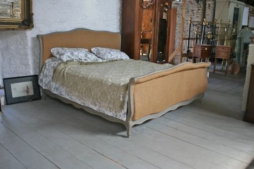 French Super King Size Upholstered Sleigh Bed with Original French Grey Paint