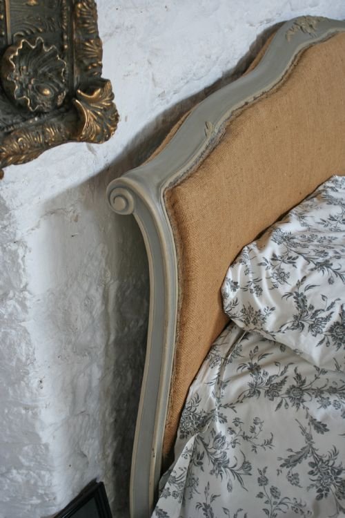 fig 1. French super king size upholstered sleigh bed with original French grey paint