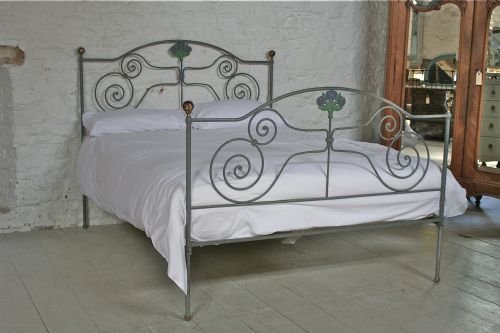 Very Pretty King Size  Forged Iron Aged Paint and Brass Knobs Bedstead