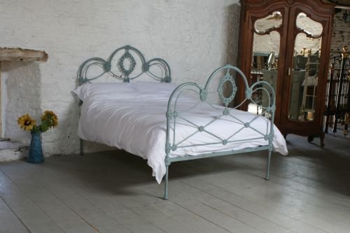 Early All Iron Three Hoop Style Bedstead with Aged Grey/green Paint