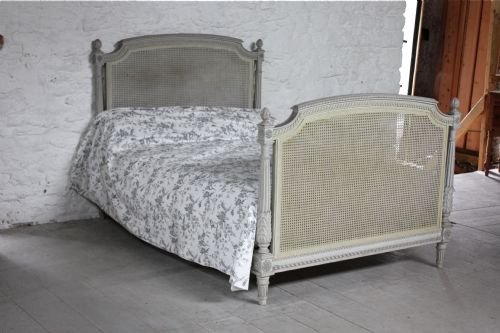 French Grey Aged  Painted Caned Double Bed