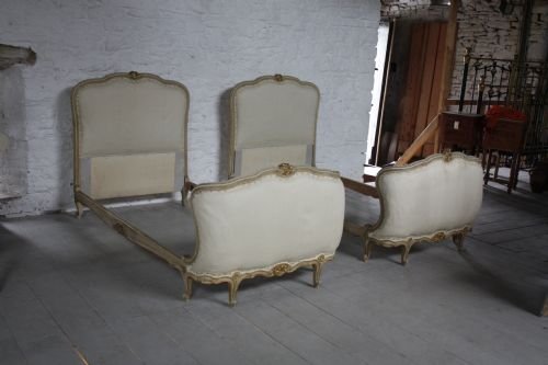 Pair of Single French Corbielle Upholstered Beds with Original Paintwork and Guilding