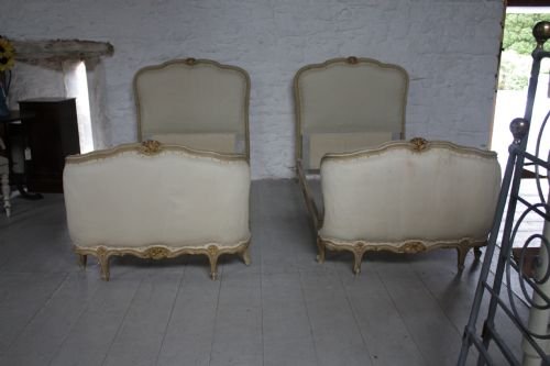 fig 1. Pair of single French corbielle upholstered beds with original paintwork and guilding