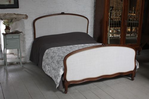 Superior Quality French Upholstered King Size  Bed Reupholstered in Antique French Linen Sheeting