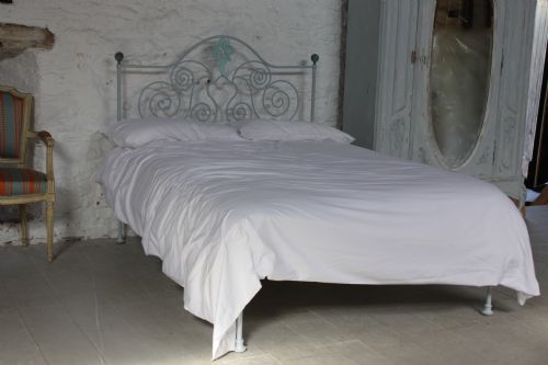 Forged Iron No Foot Board Pretty Double  Bed in Vintage Retro Aged Grey/green with Verdigris Aged Brass