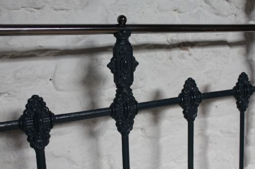 fig 1. Classic single Victorian brass and iron bed restored in Farrow and Ball Hague blue