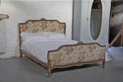 Very Pretty King Size Upholstered French Bedstead with Original Paint and Fabric