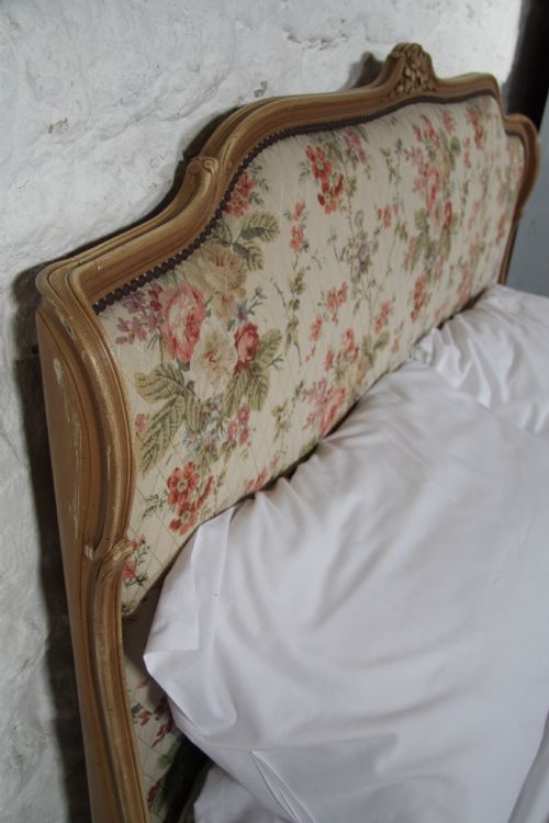 fig 1. Very pretty king size upholstered French bedstead with original paint and fabric 