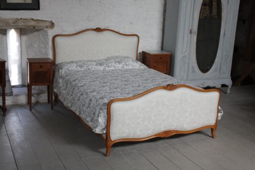 French King Size Upholstered Bed Louis Xv Style with Wood Frame and New Fabric
