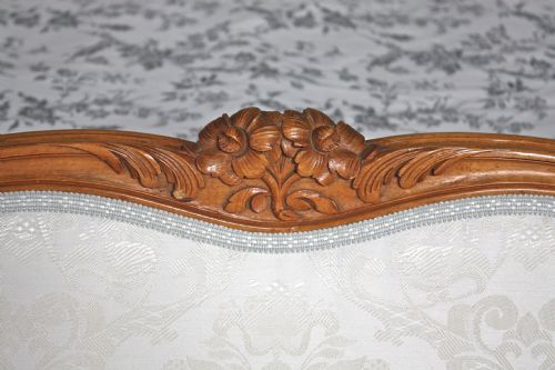 fig 1. French king size upholstered bed Louis XV style with wood frame and new fabric