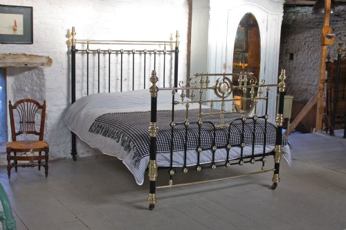Spectacular Original Victorian Rare King Size  Brass and Black Iron Bedstead with Mother of Pearl Detail.