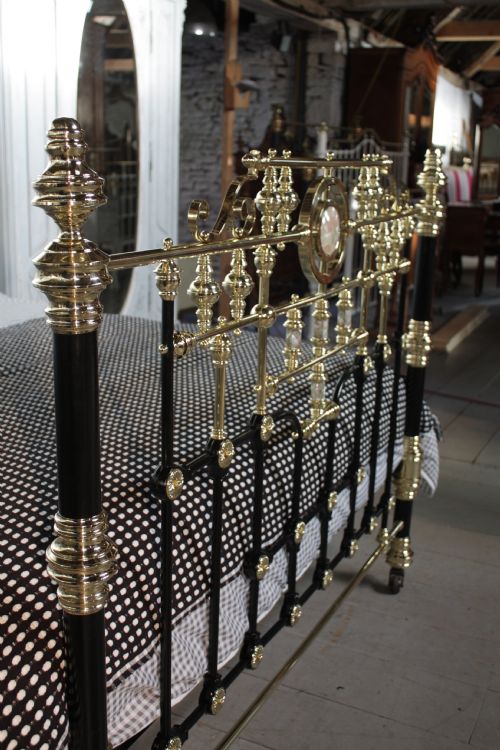 fig 1. Spectacular original Victorian rare king size  brass and black iron bedstead with mother of pearl detail.