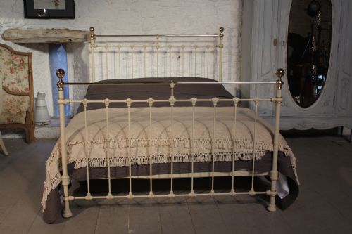 fig 1. Classic Victorian king size brass and iron  bedstead in aged white and gold
