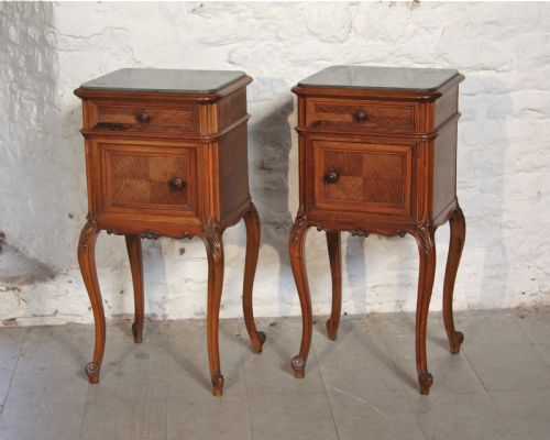 Pair of French Walnut Louis Xv1 Bedsides with Marble Tops.