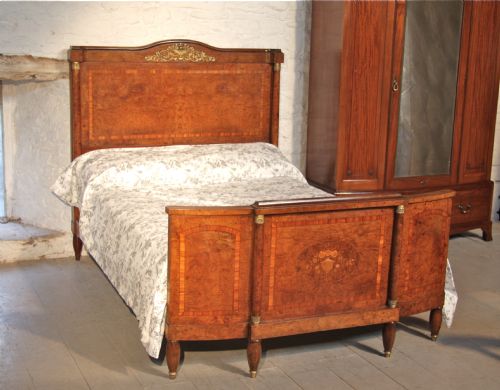 Beautiful French Burr Elm Empire Style Bow Footend Bed with Walnut Inlay and Ormalu Detail