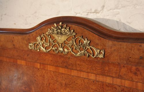 fig 1. Beautiful French burr elm Empire style bow footend bed with walnut inlay and ormalu detail