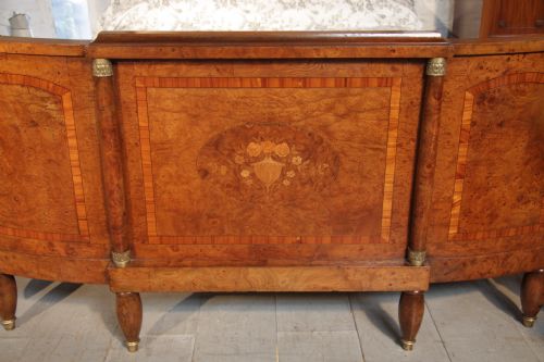 fig 2. Beautiful French burr elm Empire style bow footend bed with walnut inlay and ormalu detail