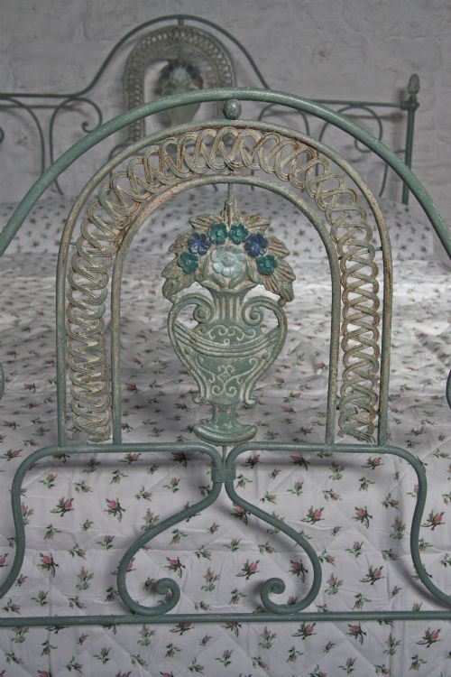 fig 1. Very pretty romantic  king size Victorian forged iron bedstead with delightful shabby chic paint finish 