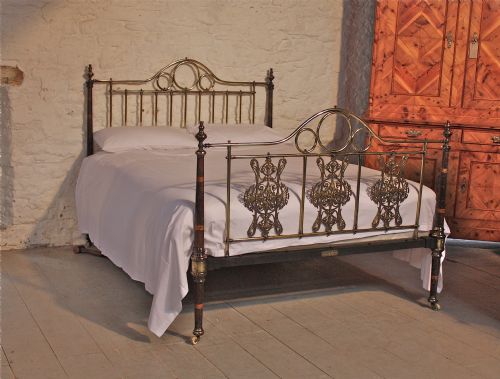 fig 1. Original paint and transfers taper posts with pierced and engraved decorative panels kingsize Victorian bed