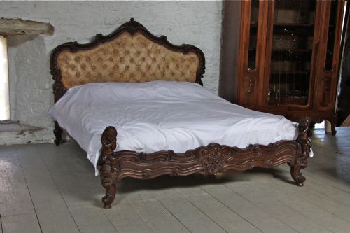 Elaborate Carved Rococco Style Dark Wood Frame Upholstered Bed with Cherubs and Matching Wall Mount Bedside Cabinets