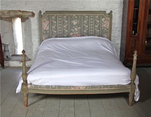 King Size French Carved and Upholstered Bed with Original Paintwork