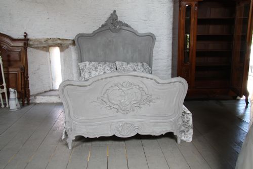 fig 1. Elaborate carved French Louis XV with cherubs painted in aged French grey