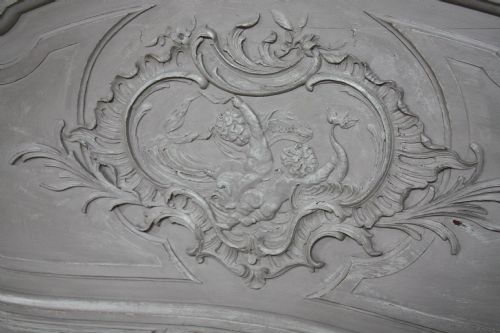 fig 3. Elaborate carved French Louis XV with cherubs painted in aged French grey
